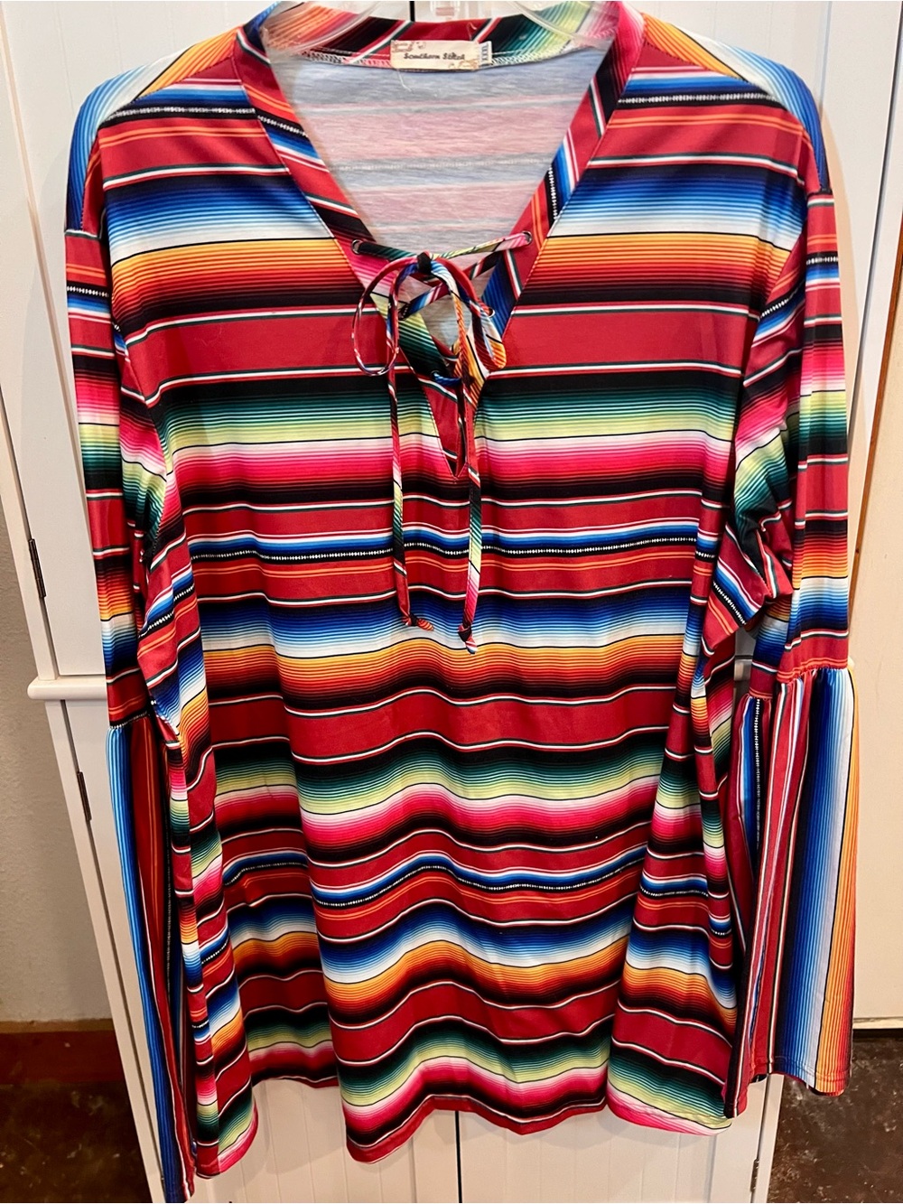 Southern Stitch Women’s Multi-Stripe Serape Tie-Front Tunic Top - Red Multi